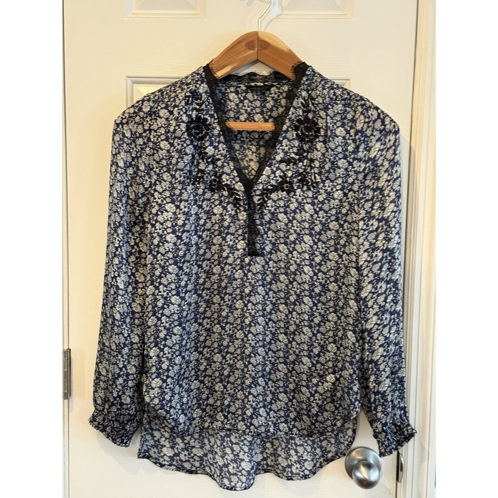 Lucky Brand S Floral Blue Lace Embroidered Shirt Cottage Flowy Formal Party Work